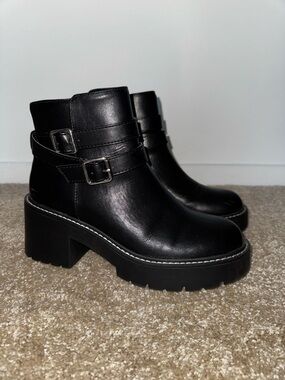 Madden Girl Black Lug Sole Buckle Ankle Boots
